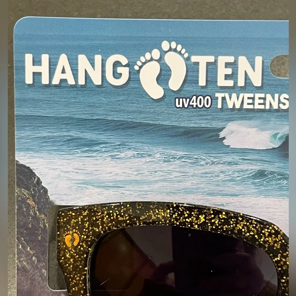 NWT HANG TEN SUNGLASSES, UV400, FOR TWEENS age 8+. Black with Gold Glitter!